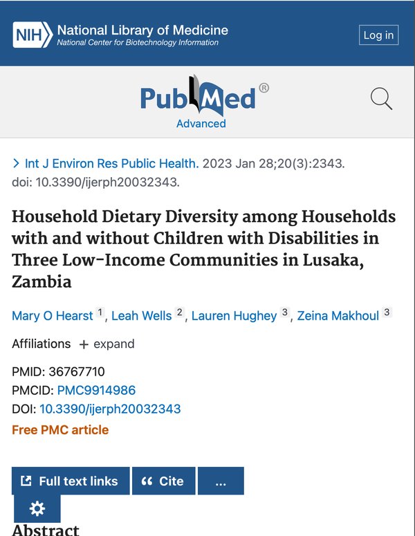 Household Dietary Diversity among Households with and without Children with Disabilities in Three Low-Income Communities in Lusaka, Zambia