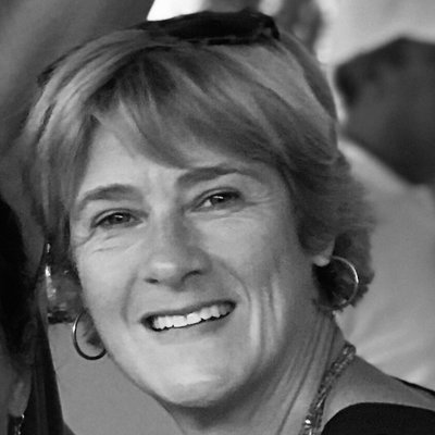 Black and white portrait of Sue Harrison