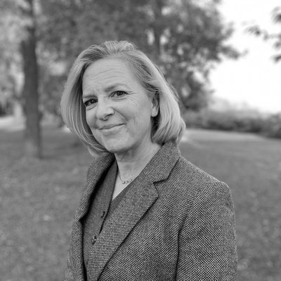 Black and white portrait of Karen Scrivens