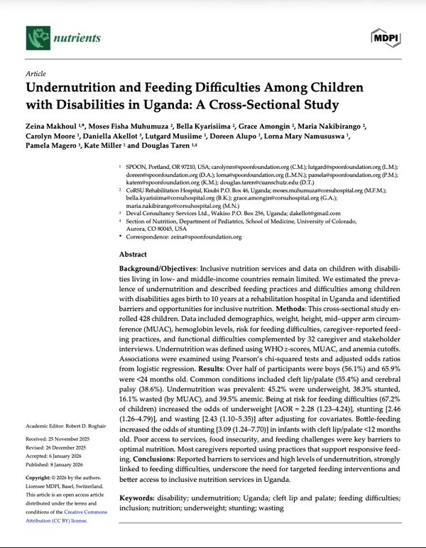 Screenshot of the cover of the publication "Undernutrition and Feeding Difficulties Among Children with Disabilities in Uganda: A Cross-Sectional Study"